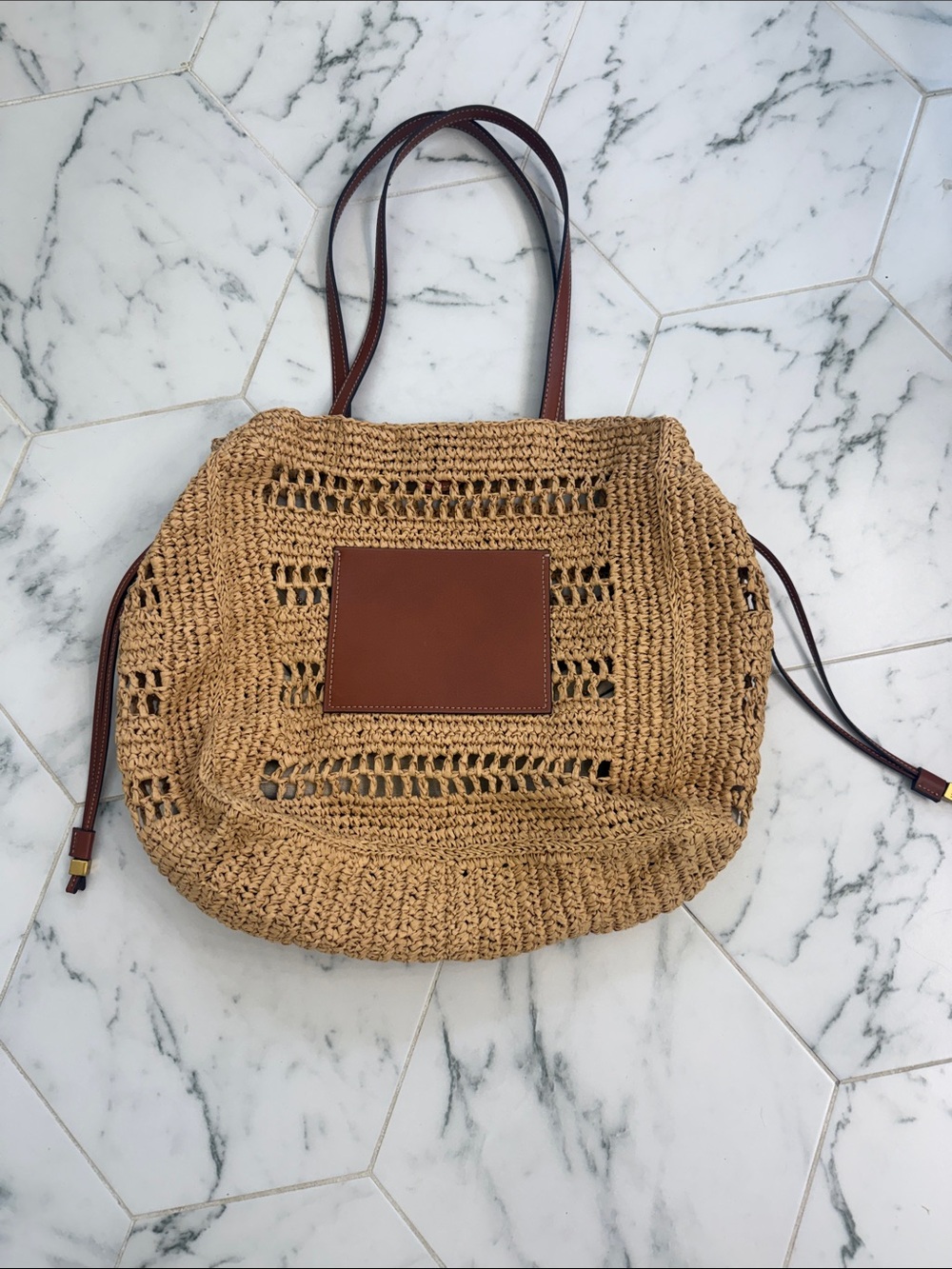 Mango Woven Straw Tote Bag with Brown Leather Accents